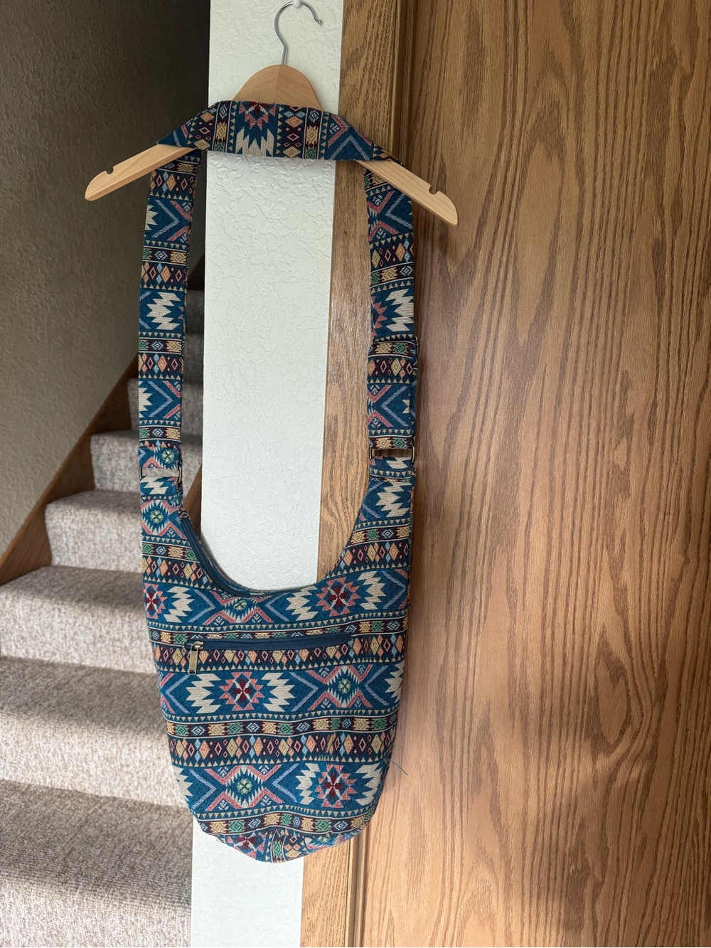 Boho Aztec Pattern Crossbody Bag in Blue and Cream - Picture 3 of 9